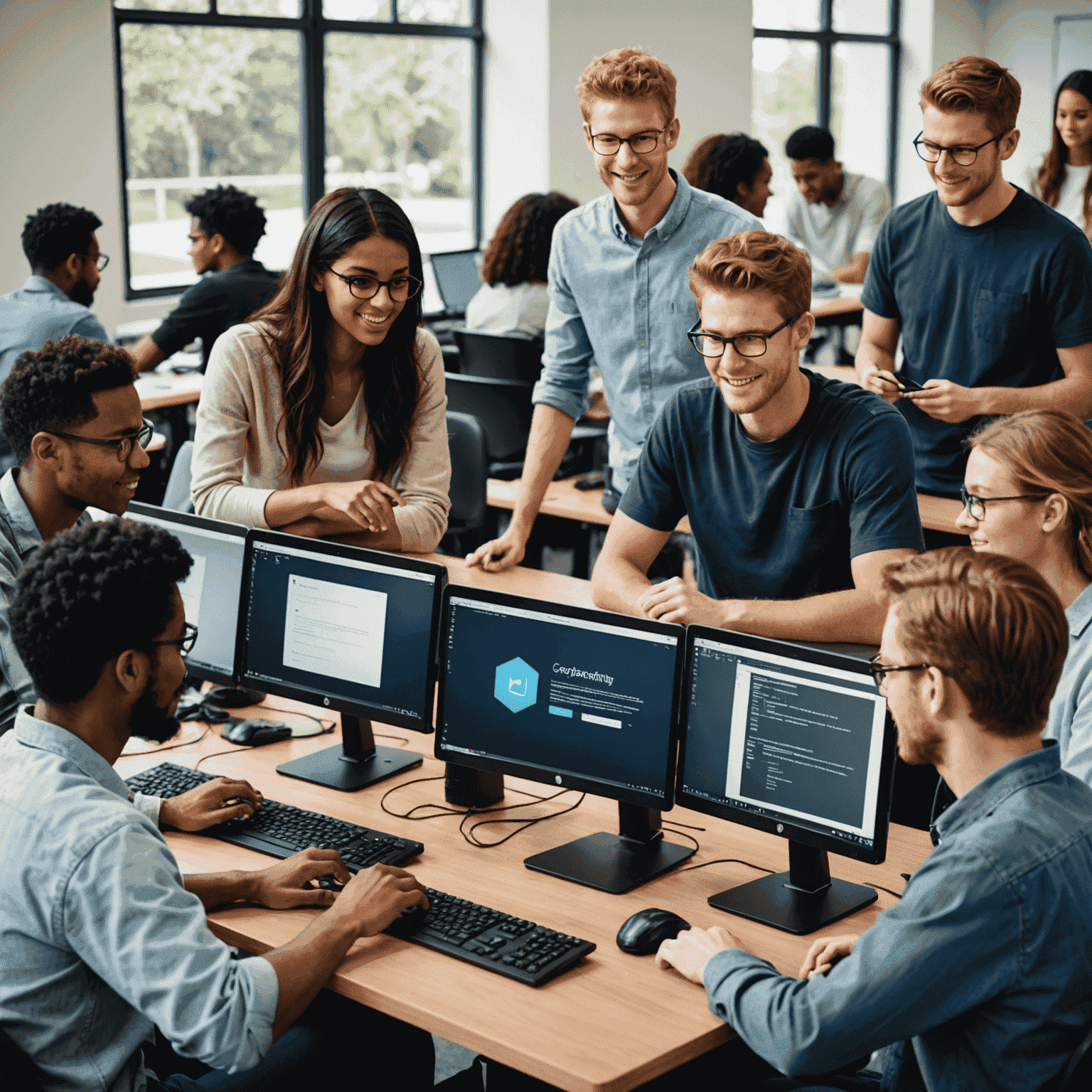 Imagen de un grupo diverso de estudiantes trabajando juntos en computadoras, aprendiendo desarrollo web avanzado