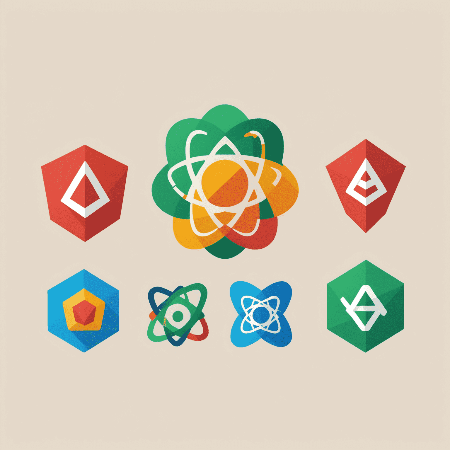 Imagen comparativa de los logos de React, Vue y Angular en un diseño plano y minimalista