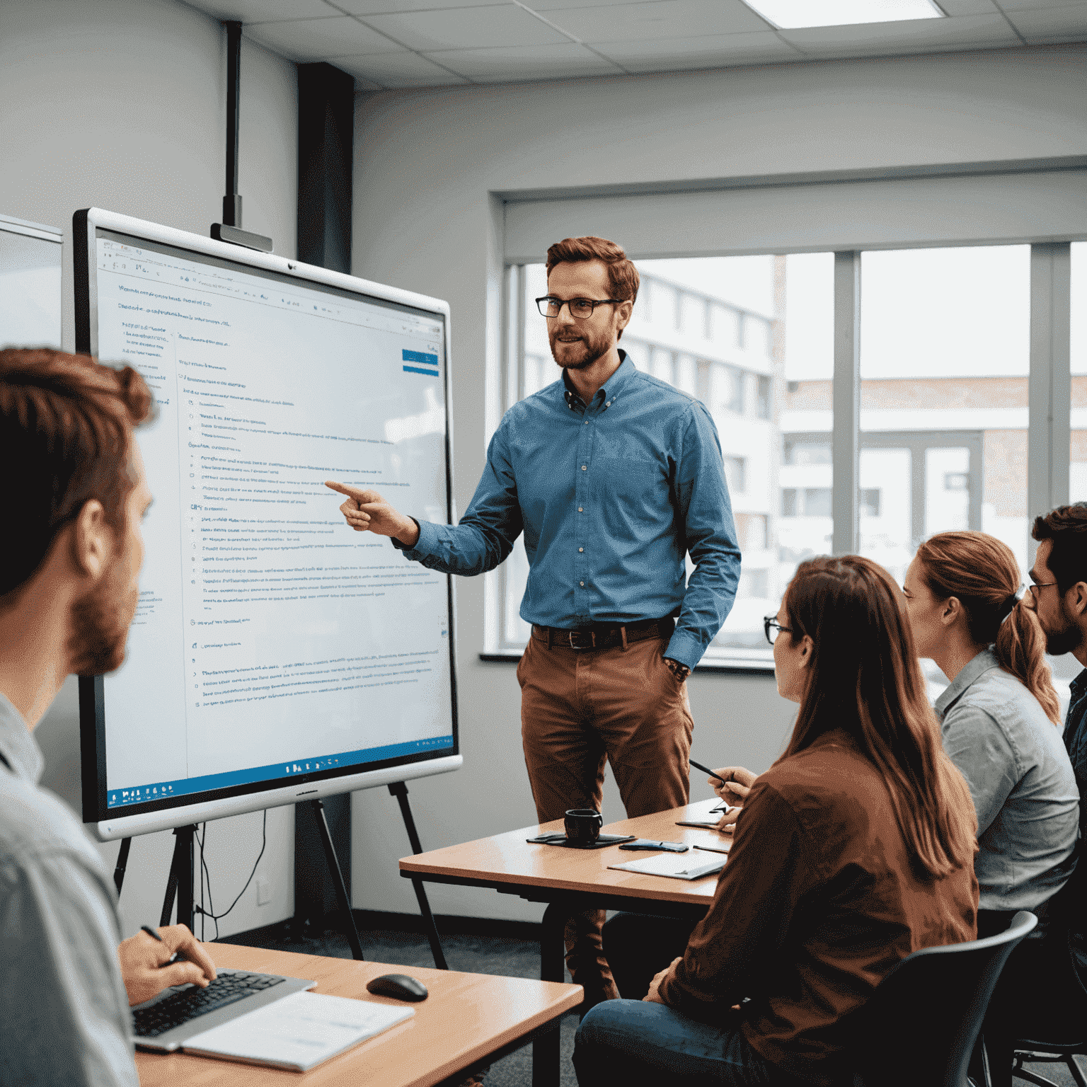 Instructor explicando conceptos avanzados de JavaScript en una pizarra interactiva a un grupo de estudiantes atentos